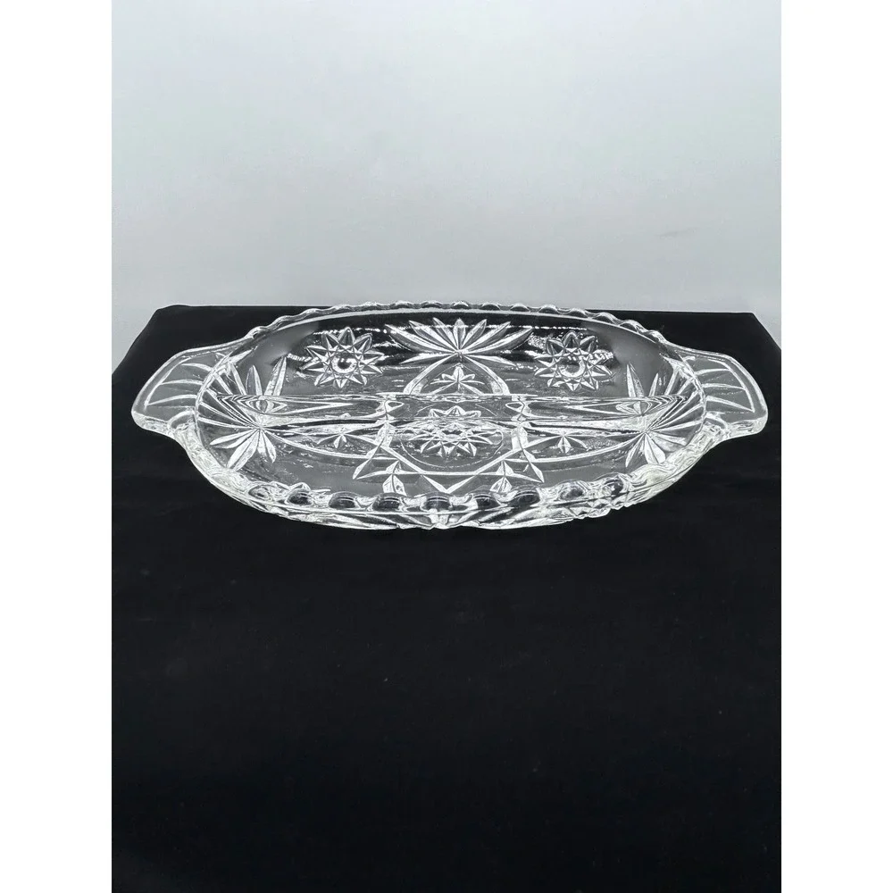 Vintage Clear Pressed Glass Divided Relish Dish Starburst Pinwheel Oval